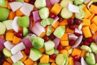 Seasonal Roasted Butternut Squash and Brussels Sprouts with Cranberry Apple Onion Medley