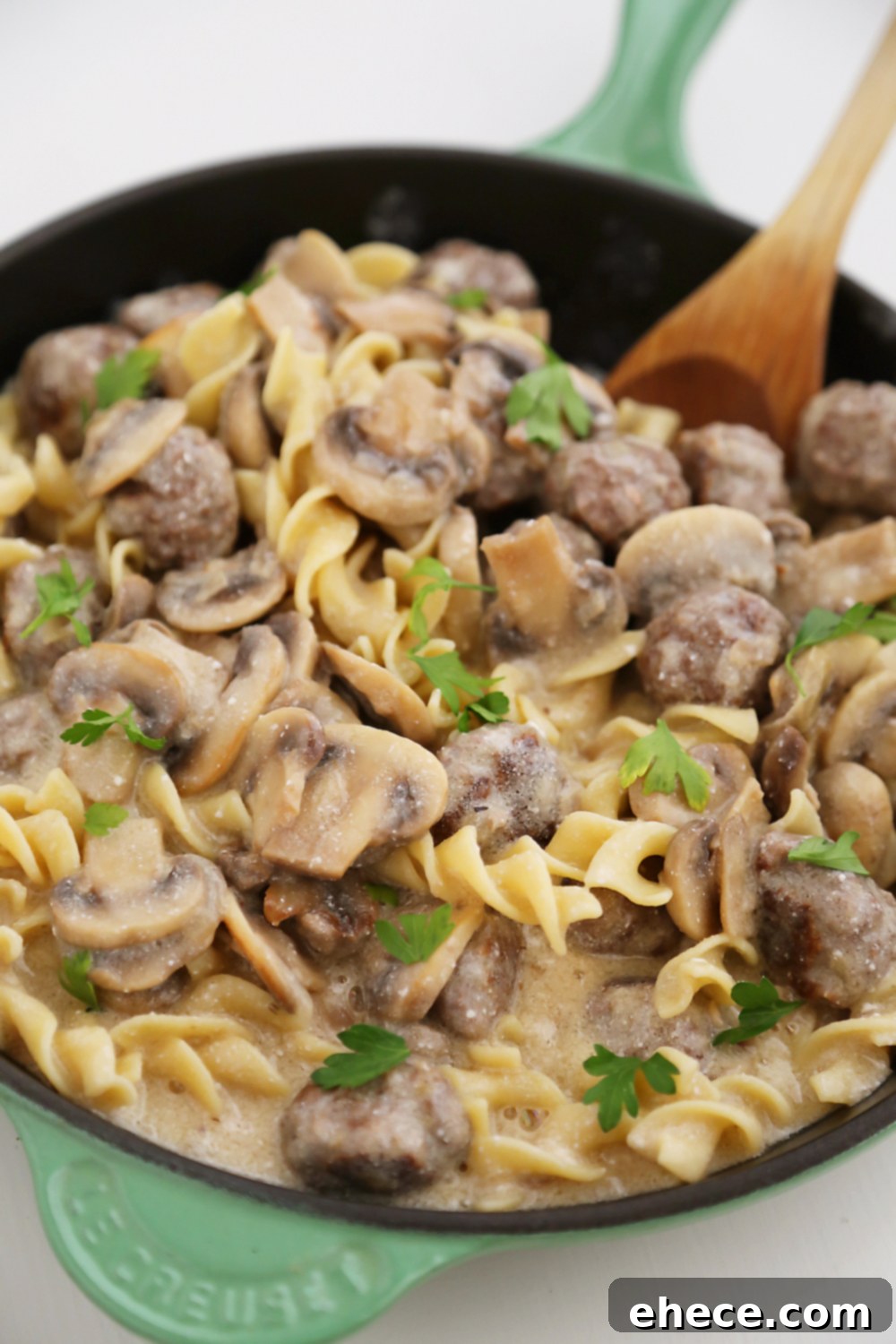 Close-up of Creamy Mushroom Meatball Stroganoff, showcasing the rich sauce and perfectly cooked egg noodles.