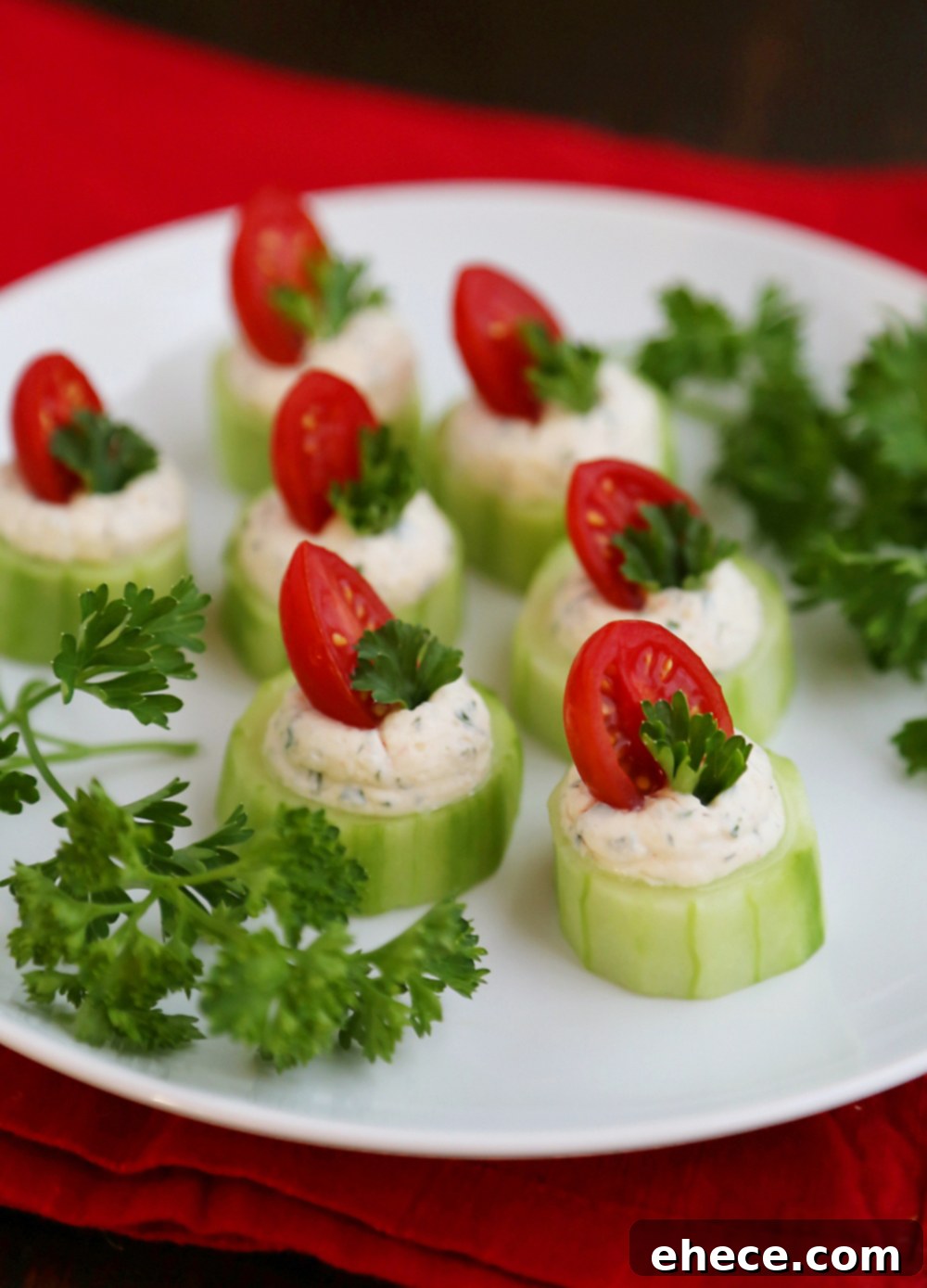 Beautifully arranged Cucumber Tomato Bites, showcasing a healthy and easy appetizer for any celebration. Perfect for a holiday spread or summer party.