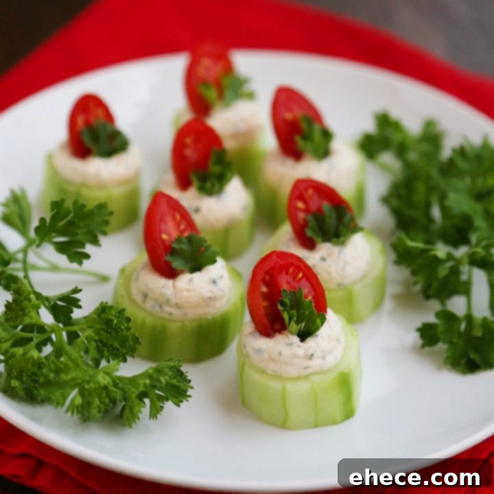 Cucumber Tomato Bites with Creamy Parmesan Herb Spread, a fresh and easy appetizer recipe for any party.