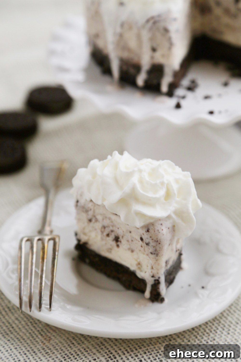 A close-up of a slice of Cookies 'n Cream Ice Cream Cake, showing its layers.
