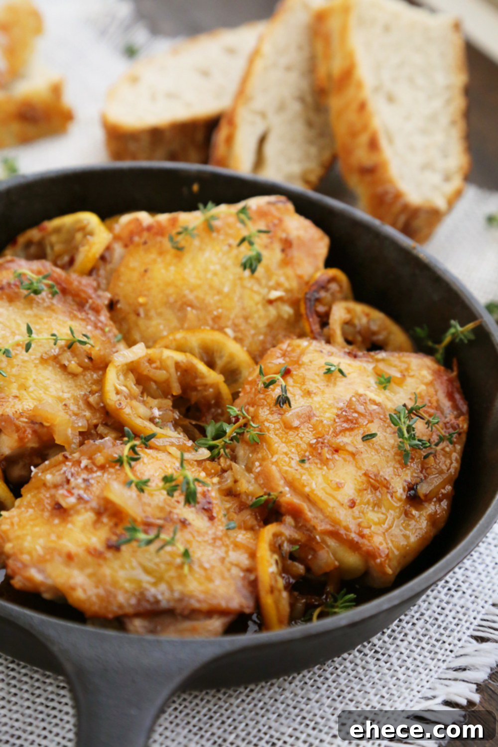 Skillet Crispy Lemon Chicken with White Wine Sauce - The finished dish, garnished with fresh herbs and lemon.