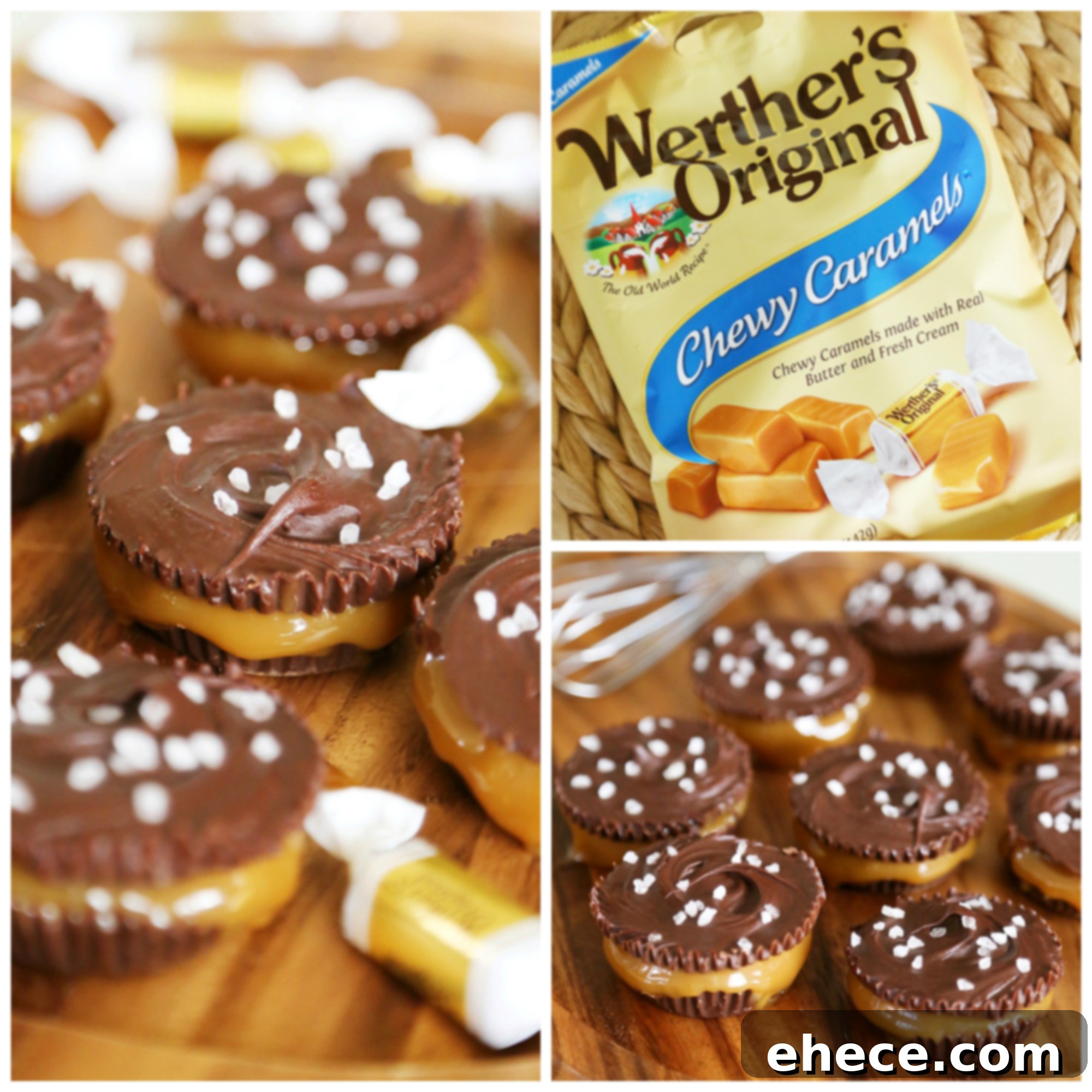 Effortless 4-Ingredient Salted Caramel Chocolate Cups 3 4-Ingredient Salted Caramel Chocolate Cups showcasing the rich dark chocolate and gooey caramel filling.