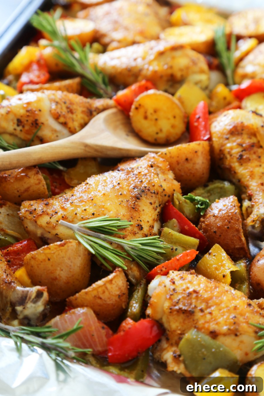 Aromatic Rosemary Chicken with Roasted Peppers & Potatoes 6 Rosemary Roasted Chicken with Bell Peppers and Potatoes - Crispy, tender roasted chicken with bell peppers, potatoes and onions makes an easy one-pan weeknight meal! TheComfortOfCooking.com
