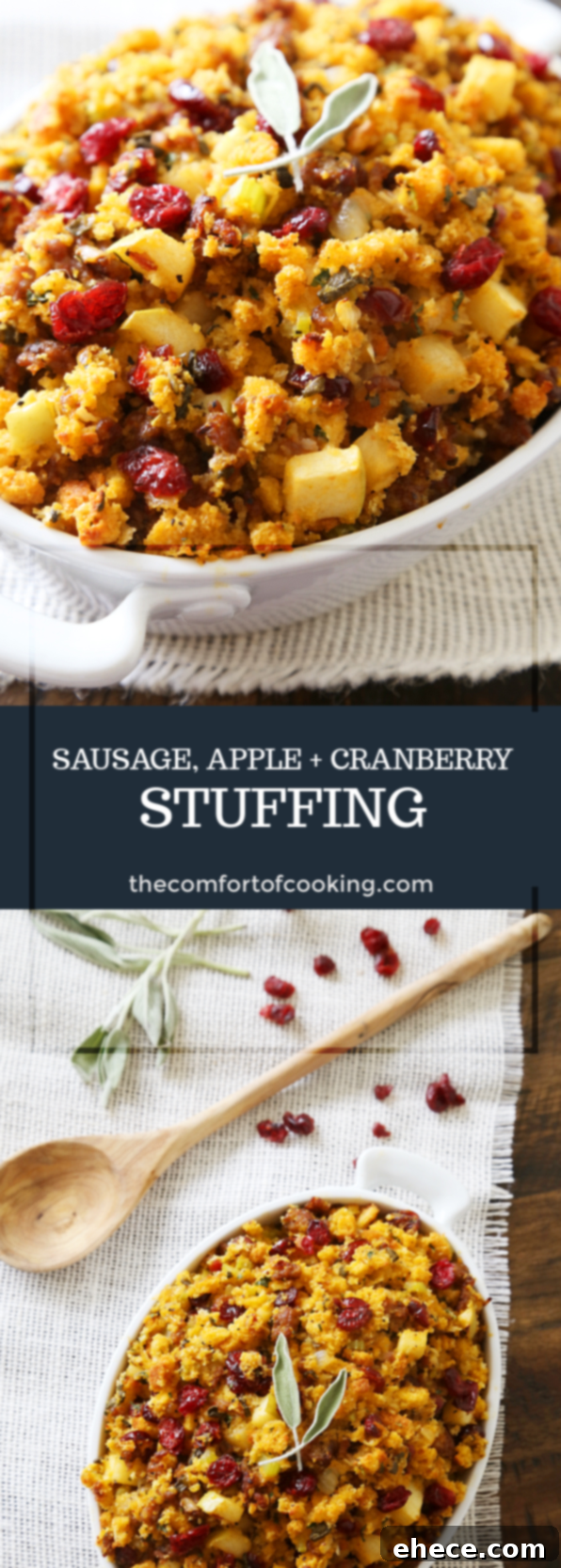 Sausage, Apple, and Cranberry Cornbread Stuffing recipe title card.