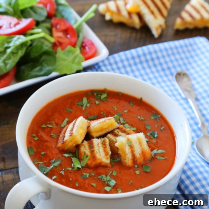 Tomato-Basil Soup with Grilled Cheese Croutons
