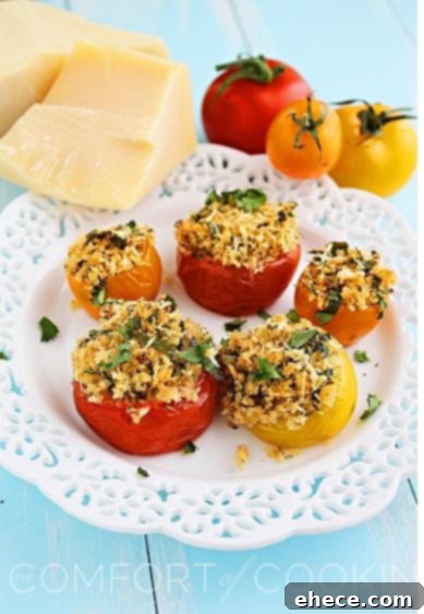 Beautifully baked Provençal tomatoes, stuffed with herbs and cheese, ready to serve as an appetizer or side dish.