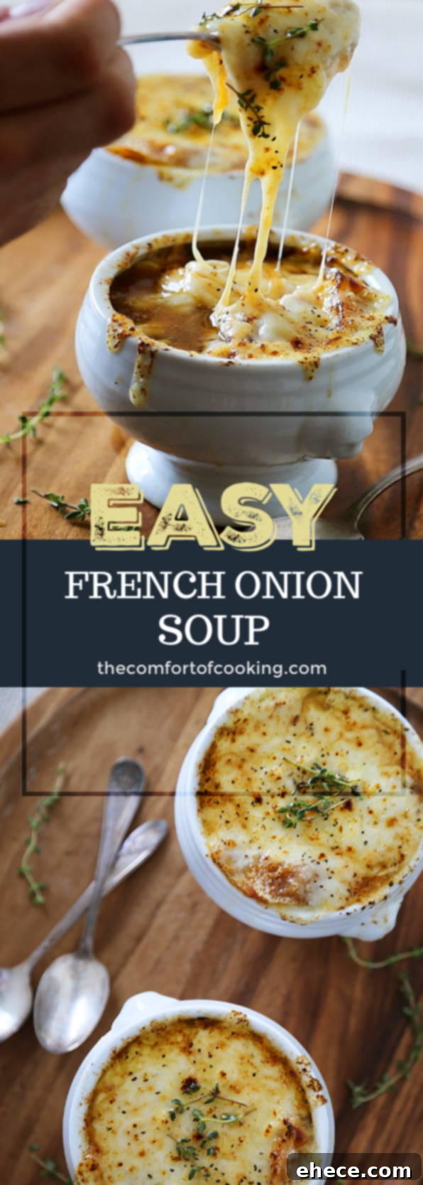 Easy French Onion Soup - Fragrant, cheesy and so comforting! Caramelized onions, beef stock and white (or red) cooking wine mingle into a luxurious medley in this classic French dish.