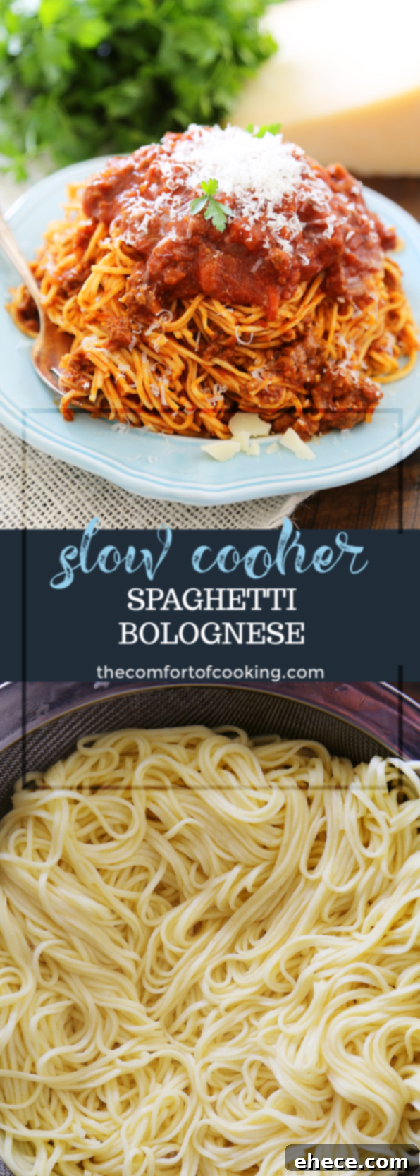 Slow-Simmered Bolognese Perfection 8 Slow Cooker Spaghetti Bolognese - A rich, classic Italian pasta sauce easily made in your slow cooker! Freeze for later, or dig in with a bowl of warm spaghetti! thecomfortofcooking.com