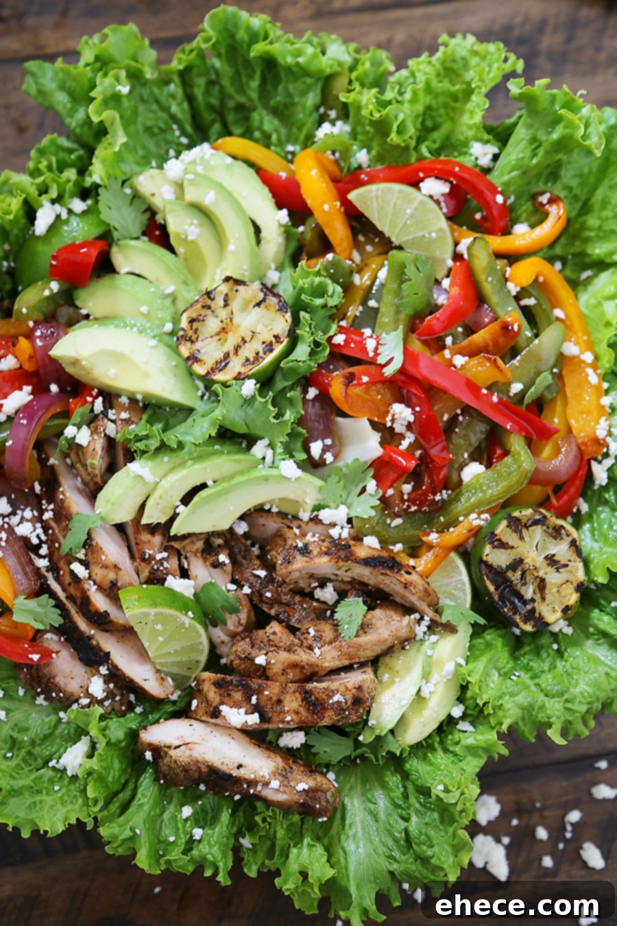 Smoky Chili-Lime Chicken Fajita Bowl 6 Grilled Chili-Lime Chicken Fajita Salad - Tender, juicy marinated chicken with fresh bell peppers, onions, garlic and avocado slices. SO good. Top with some creamy queso fresco and cilantro for extra eye appeal and flavor!