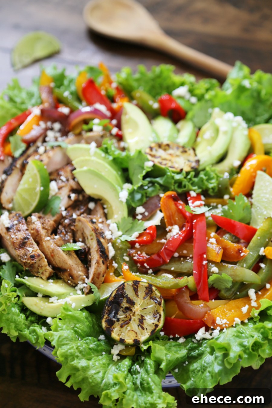 Smoky Chili-Lime Chicken Fajita Bowl 8 Grilled Chili-Lime Chicken Fajita Salad - Tender, juicy marinated chicken with fresh bell peppers, onions, garlic and avocado slices. SO good. Top with some creamy queso fresco and cilantro for extra eye appeal and flavor!