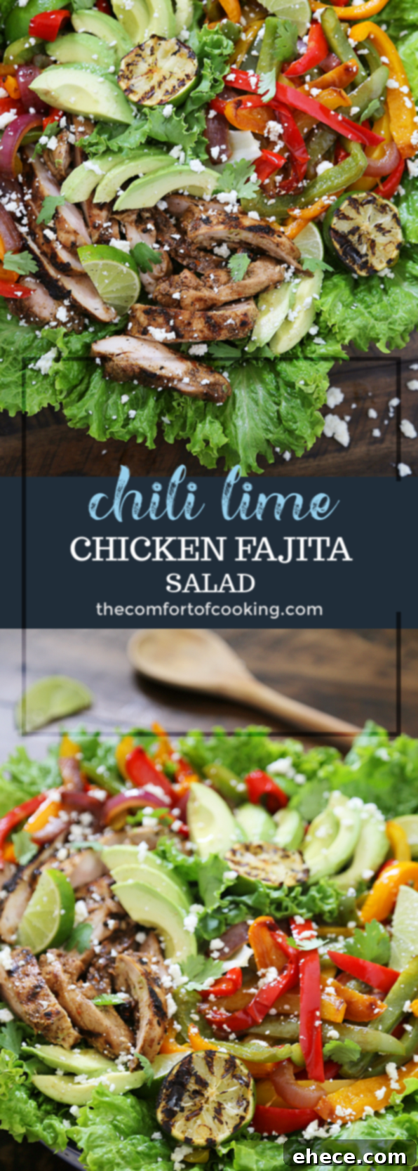 Smoky Chili-Lime Chicken Fajita Bowl 9 Grilled Chili-Lime Chicken Fajita Salad - Tender, juicy marinated chicken with fresh bell peppers, onions, garlic and avocado slices. SO good. Top with some creamy queso fresco and cilantro for extra eye appeal and flavor!