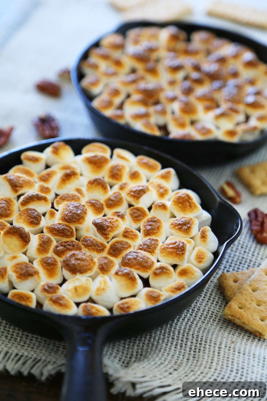 Effortless 5 Ingredient Caramel Pecan Smores Dip 8 5-Ingredient Caramel Pecan S'mores Dip - Perfect for parties! Loaded with creamy caramel and pecans, this treat is super quick and easy! thecomfortofcooking.com