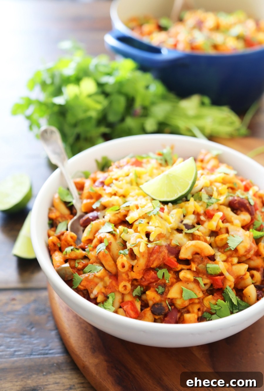 Hearty One-Pot Vegetarian Chili Mac and Cheese 5 One-Pot Cheesy Vegetarian Chili Mac 'n Cheese - Super cheesy, comforting and easy to make for meatless weeknights with family! Full of fresh veggies, beans, tomatoes and tender pasta! Thecomfortofcooking.com