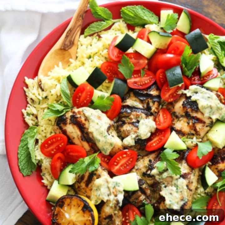 Greek Tahini Chicken with Cucumber, Tomato and Lemon Orzo Salad
