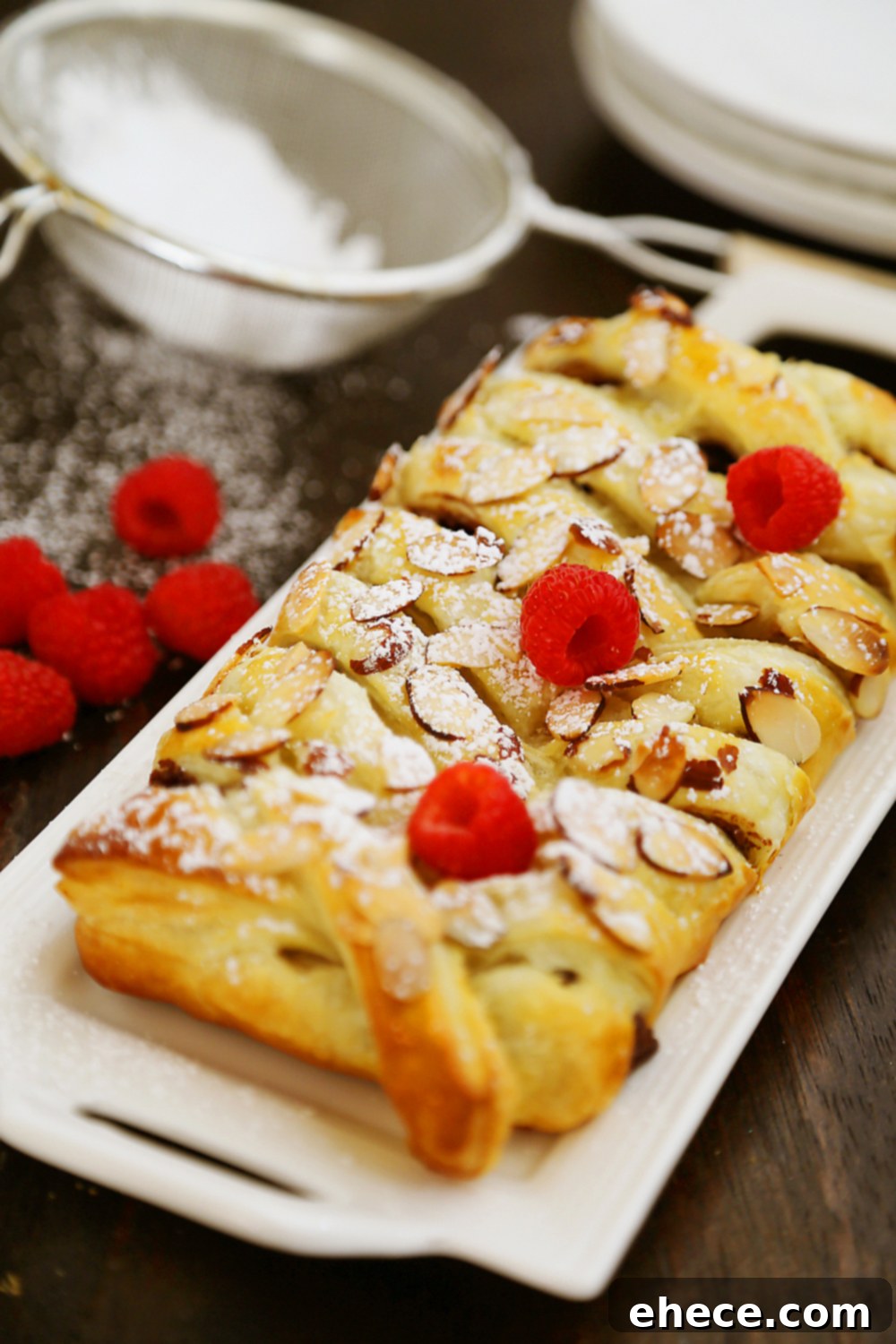 A stunning close-up of a golden-brown chocolate puff pastry braid, dusted with powdered sugar and garnished with fresh raspberries, ready to be served.