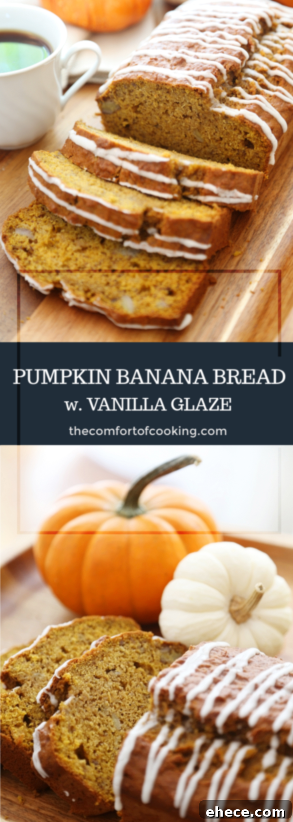 Autumn Pumpkin Banana Bread with Vanilla Drizzle 8 Pin for later: Moist Pumpkin Banana Bread with Vanilla Glaze recipe, perfect for fall baking.