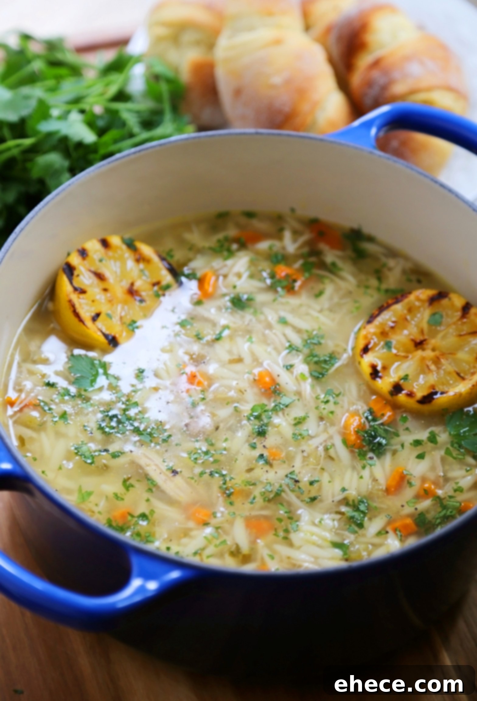 Zesty Lemon Chicken & Orzo Soup 3 A close-up of the hearty Lemon Orzo Chicken Soup.