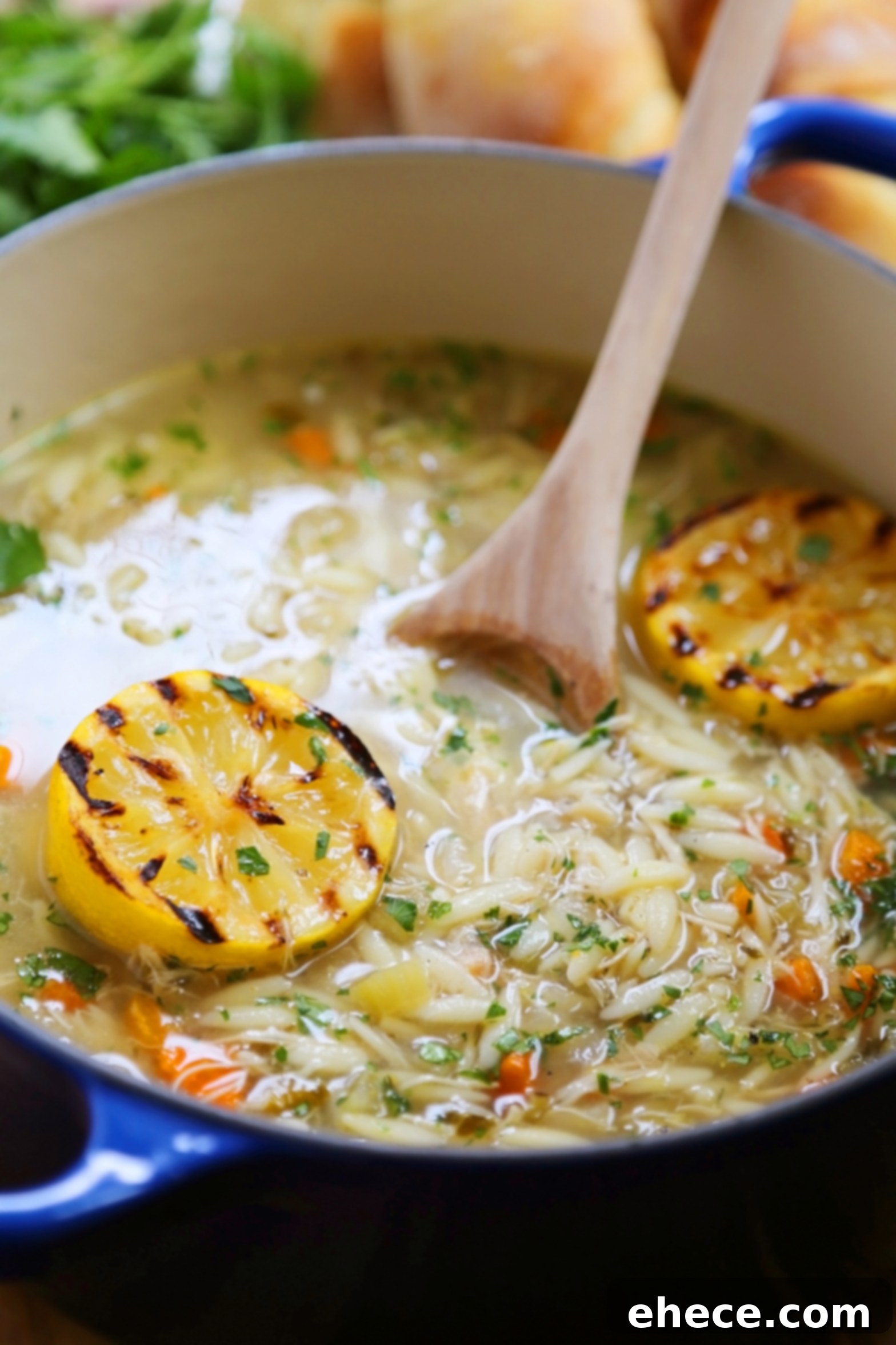 Zesty Lemon Chicken & Orzo Soup 6 A ladle serving Lemon Orzo Chicken Soup into bowls.