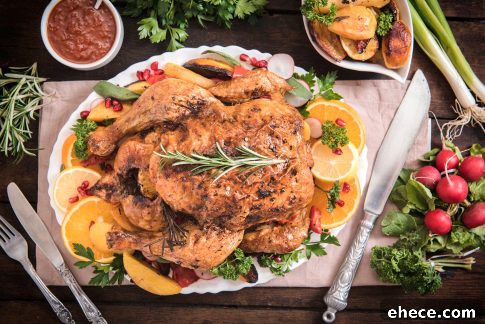Cooked turkey on a carving board with a knife