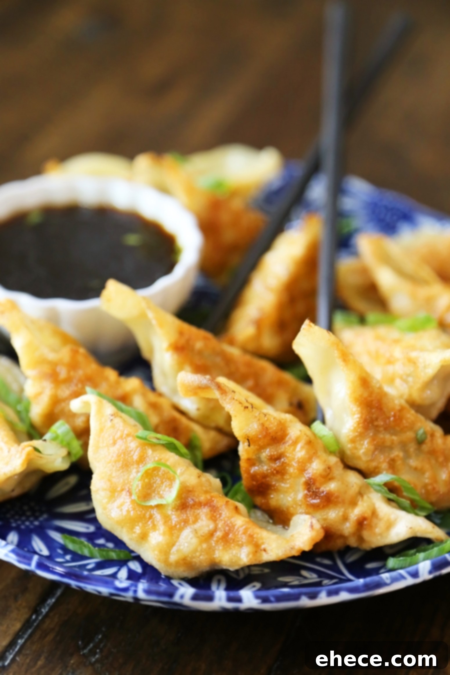 Simple Asian Dumplings with Zesty Soy Ginger Dip 6 Easy Asian Dumplings with Soy-Ginger Dipping Sauce - Crispy, tender steamed potstickers, made easily in one skillet! The ingredients for the dipping sauce are being combined in a bowl.