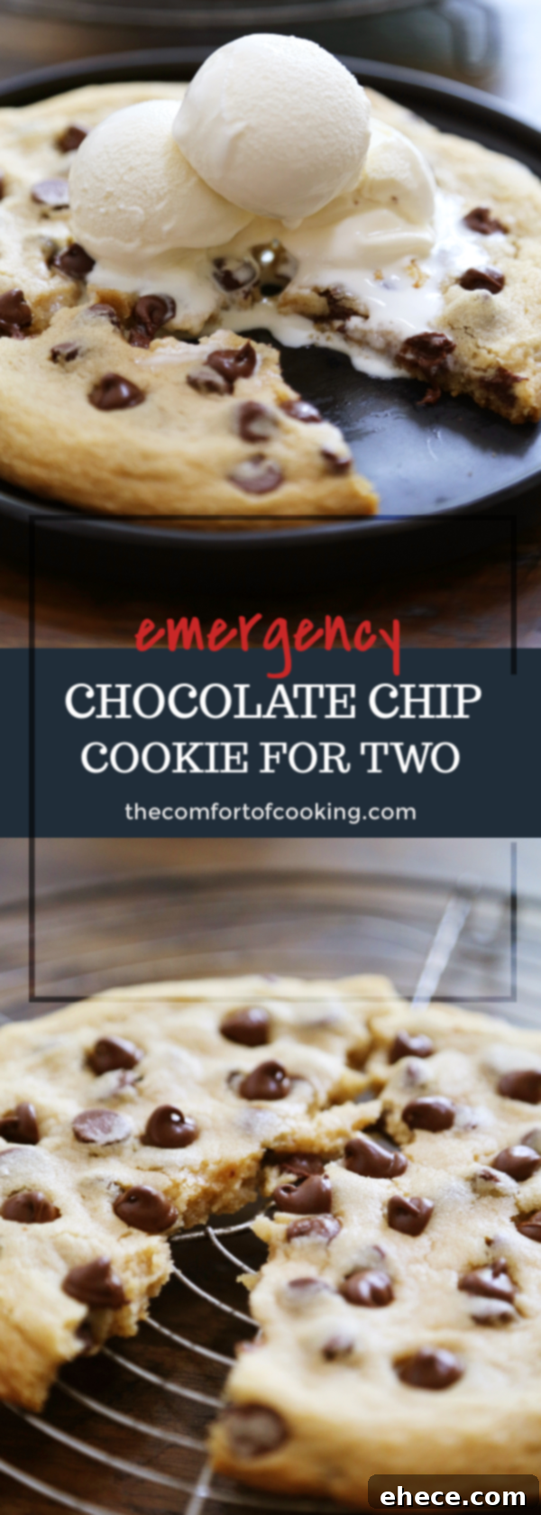 Perfect Pair Chocolate Chip Cookies 9 Pin this recipe! Emergency Chocolate Chip Cookie for Two - Giant, gooey cookies for a bad day! Quick and easy cookies to share or freeze for later. thecomfortofcooking.com