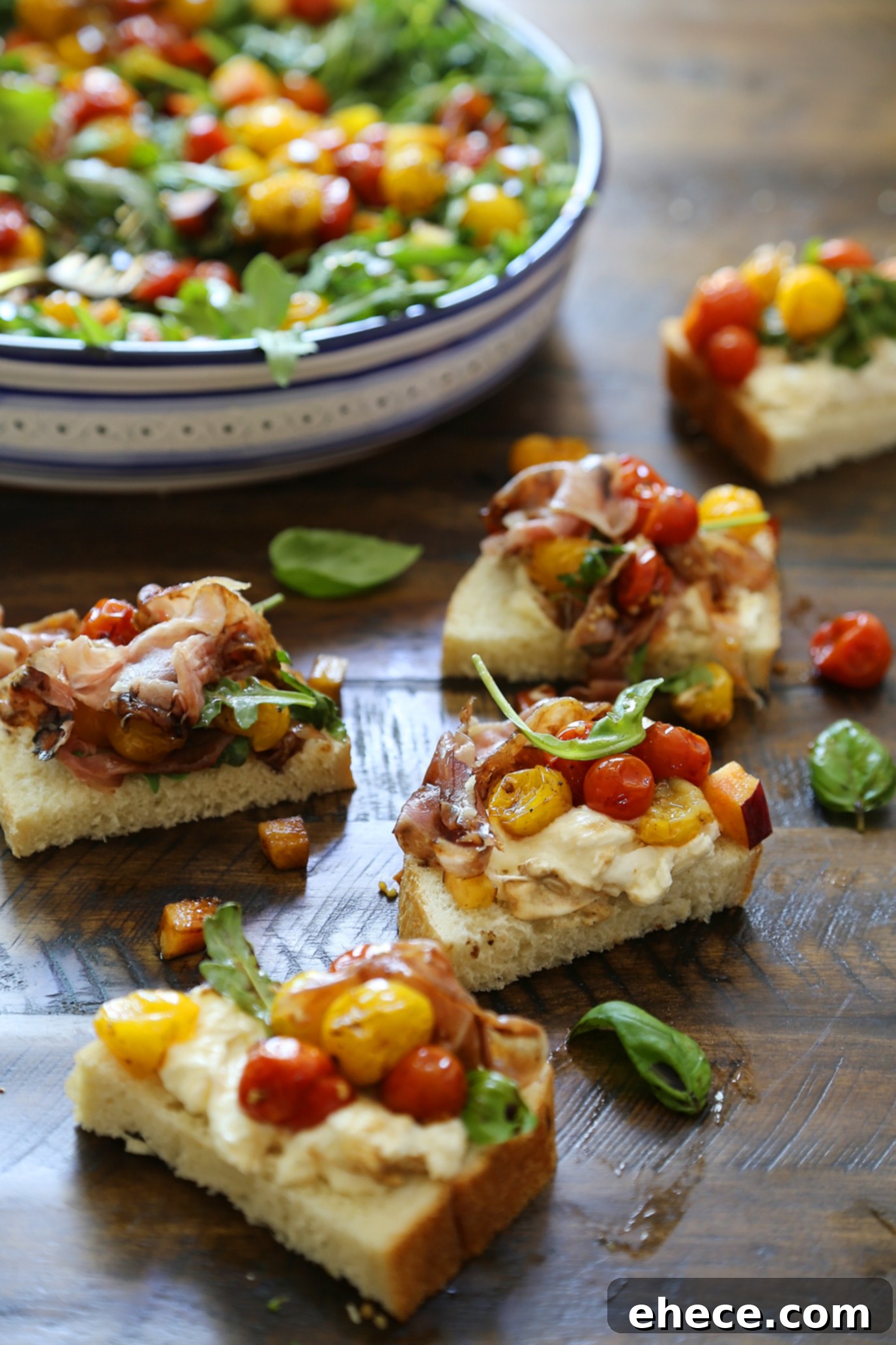 Sweet Peach, Salty Prosciutto, Creamy Burrata Caprese 5 Burrata Caprese Salad with Peach and Prosciutto - Perfect for parties and lazy weeknights! Sweet peaches, salty prosciutto and roasted tomatoes nestled in arugula with fresh mozzarella. thecomfortofcooking.com