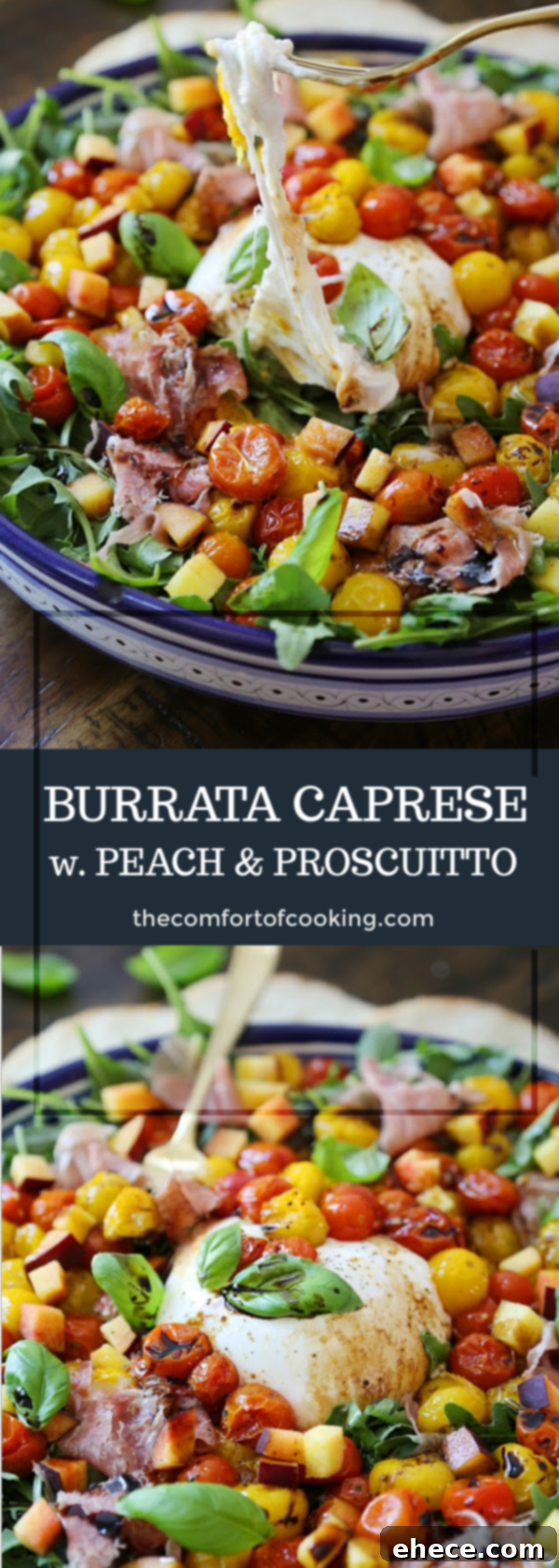 Sweet Peach, Salty Prosciutto, Creamy Burrata Caprese 7 Burrata Caprese Salad with Peach and Prosciutto recipe card image