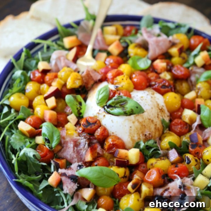 Sweet Peach, Salty Prosciutto, Creamy Burrata Caprese 8 Burrata Caprese Salad with Peach and Prosciutto