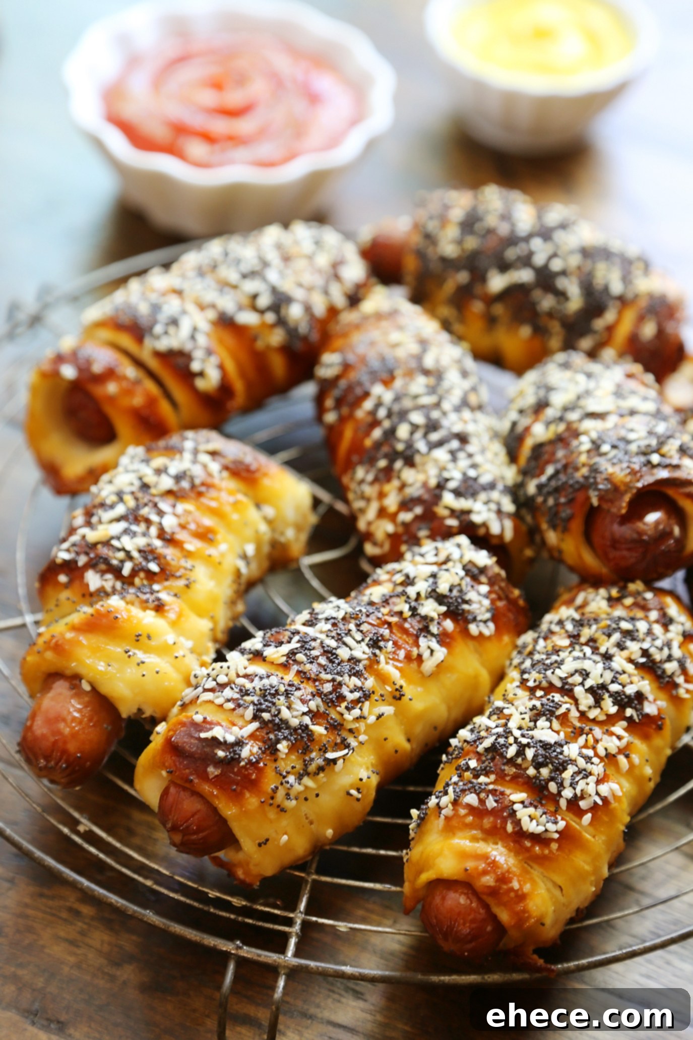 Delicious homemade pretzel dogs on a serving platter