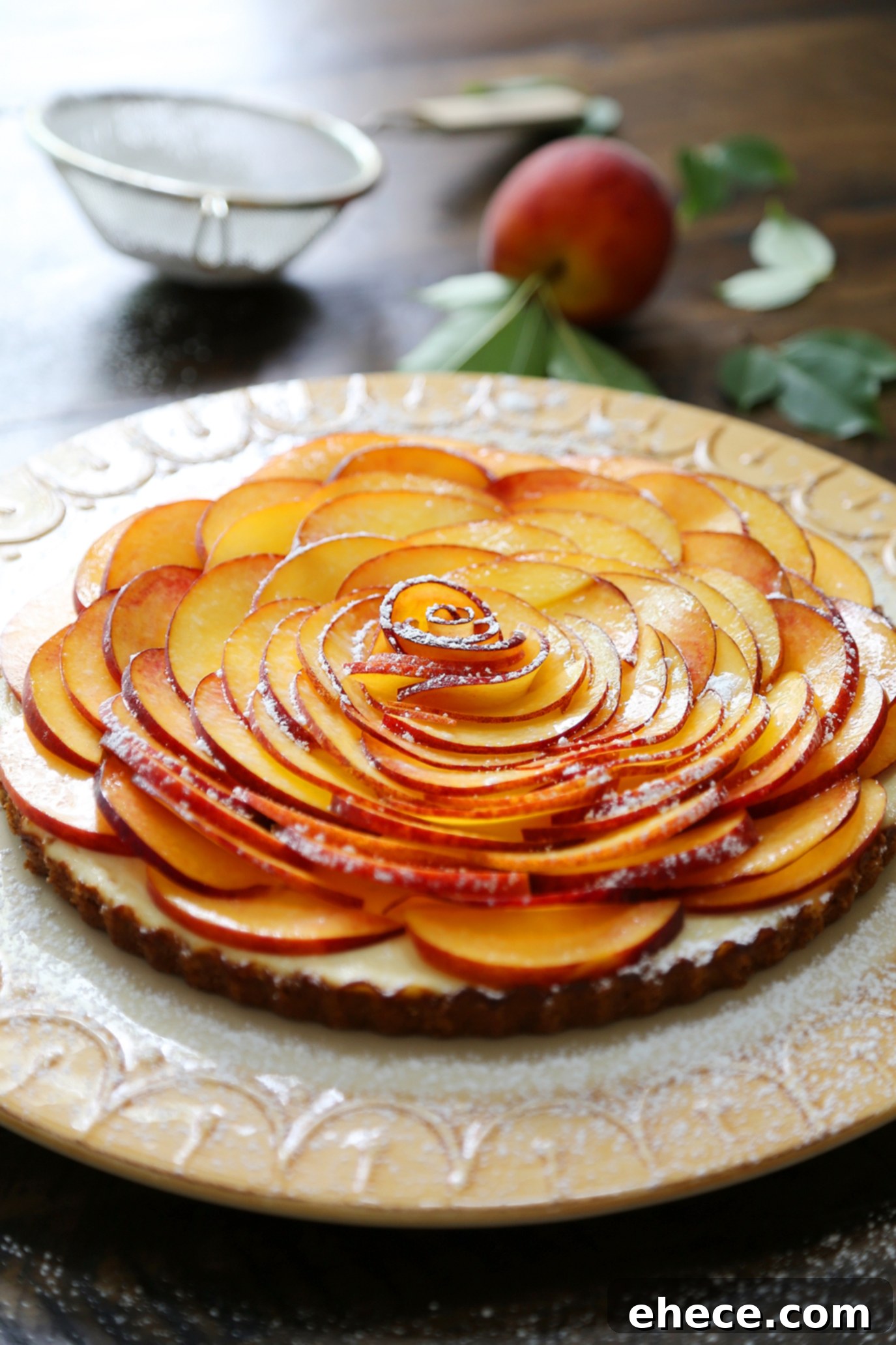 Silky Creamy Peach and Honey Tart with fresh peaches and honey drizzle, perfect for summer entertaining.