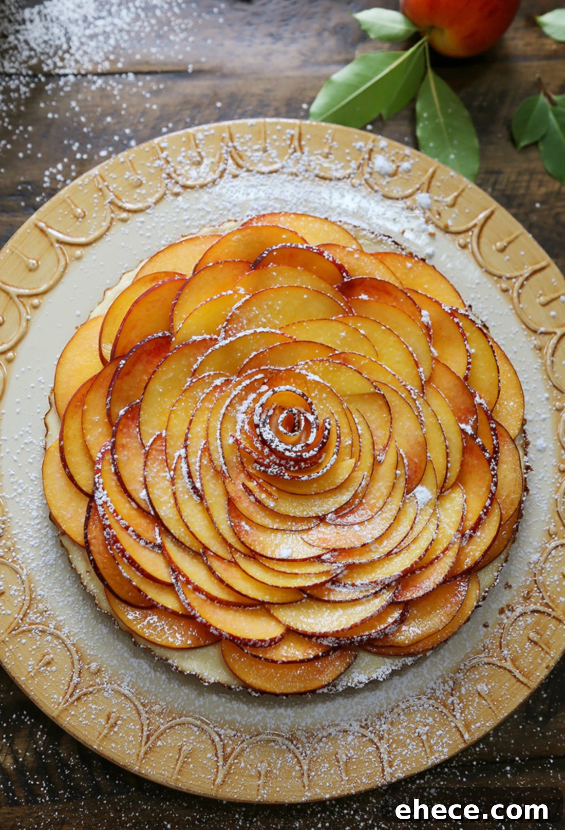 Creamy Peach and Honey Tart sliced, showing distinct layers of crunchy graham cracker crust and smooth, creamy filling.