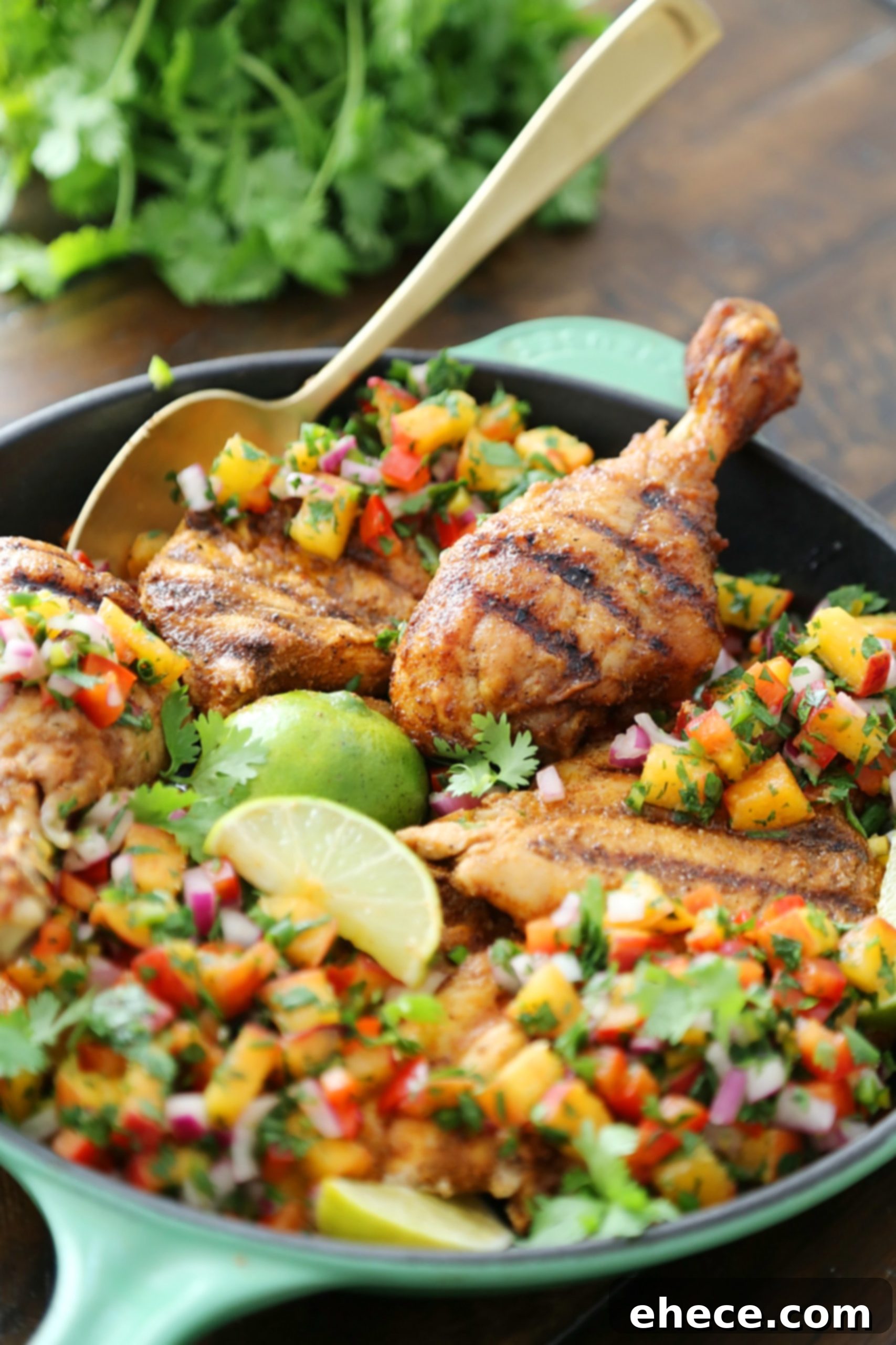 Sweet Heat Grilled Chicken with Peach Salsa 3 Cooked grilled chicken on a plate, ready to be topped with salsa.