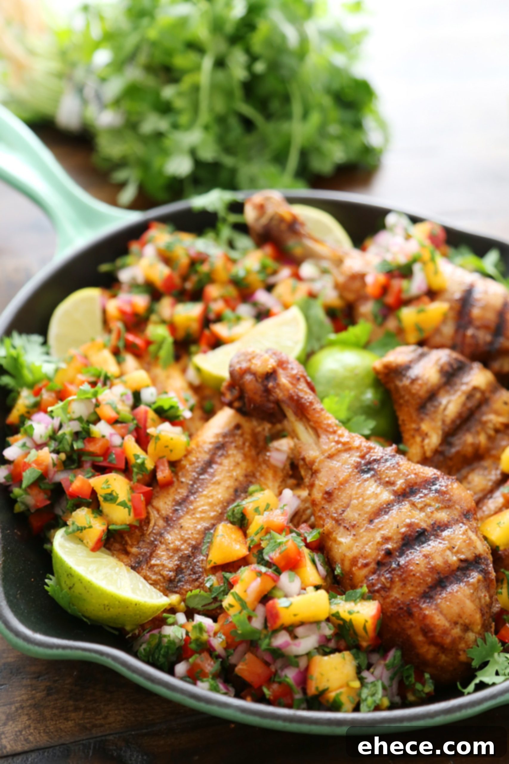 Sweet Heat Grilled Chicken with Peach Salsa 4 A bowl of fresh, colorful peach salsa with diced peaches, red onion, and cilantro.