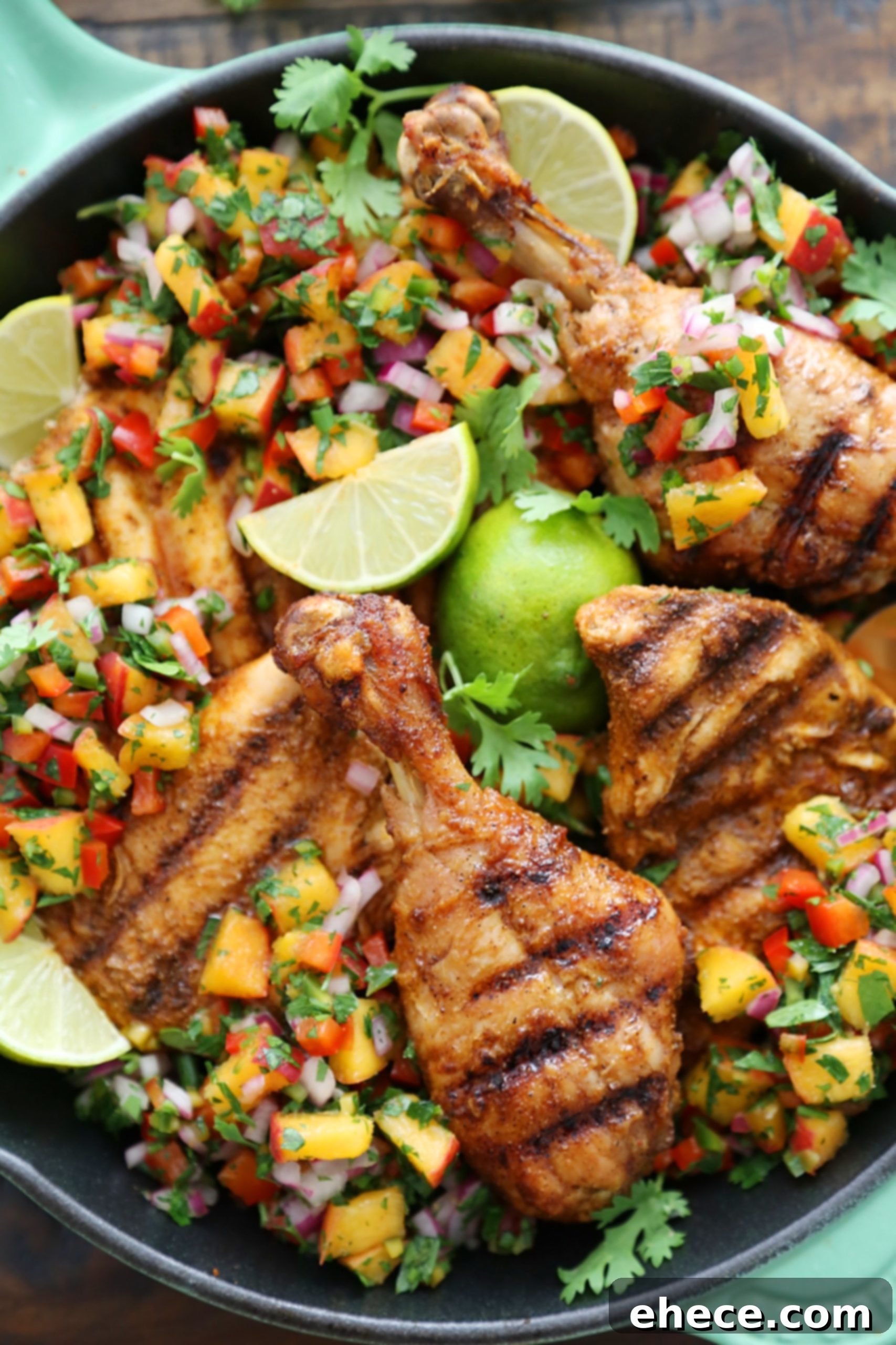 Sweet Heat Grilled Chicken with Peach Salsa 8 A close-up shot of the vibrant peach salsa with tortilla chips.