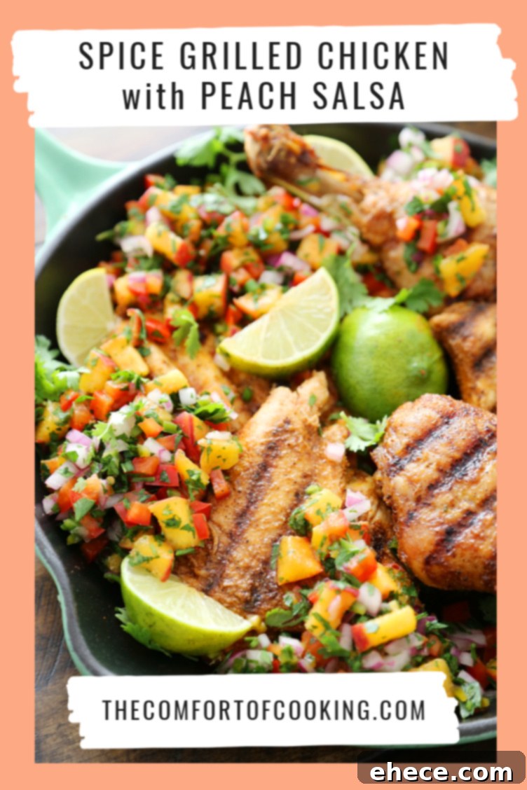 Sweet Heat Grilled Chicken with Peach Salsa 9 Graphic title for Spice Grilled Chicken with Peach Salsa recipe.