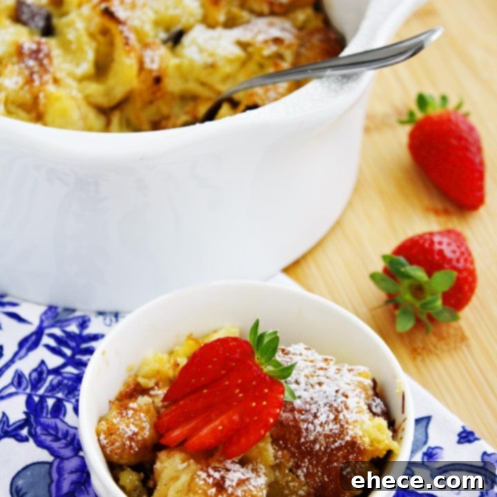 Decadent Chocolate Croissant Bread Pudding 2 Delicious Croissant and Chocolate Bread Pudding served with fresh berries and powdered sugar