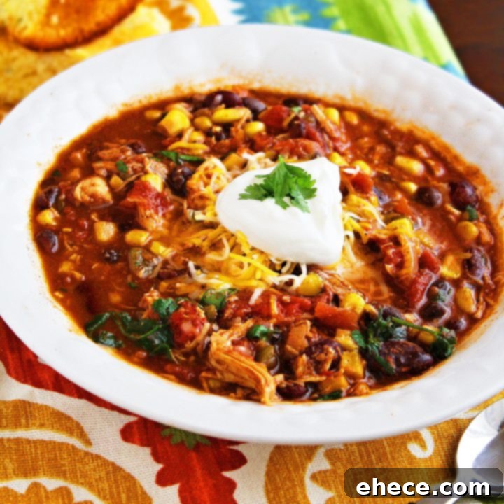 Zesty Slow Cooker Chicken Taco Chili 2 Delicious Crock Pot Chicken Taco Chili served in a bowl with fresh toppings