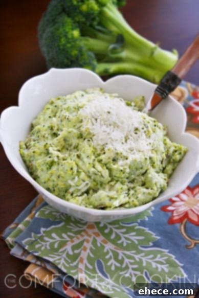 Delicious Asiago Mashed Potatoes and Broccoli ready to be served, an inviting close-up.