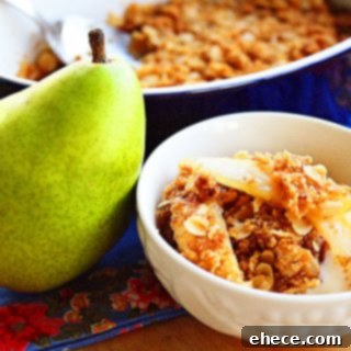 Delicious Pear Ginger Crisp topped with a generous scoop of melting vanilla ice cream, served warm