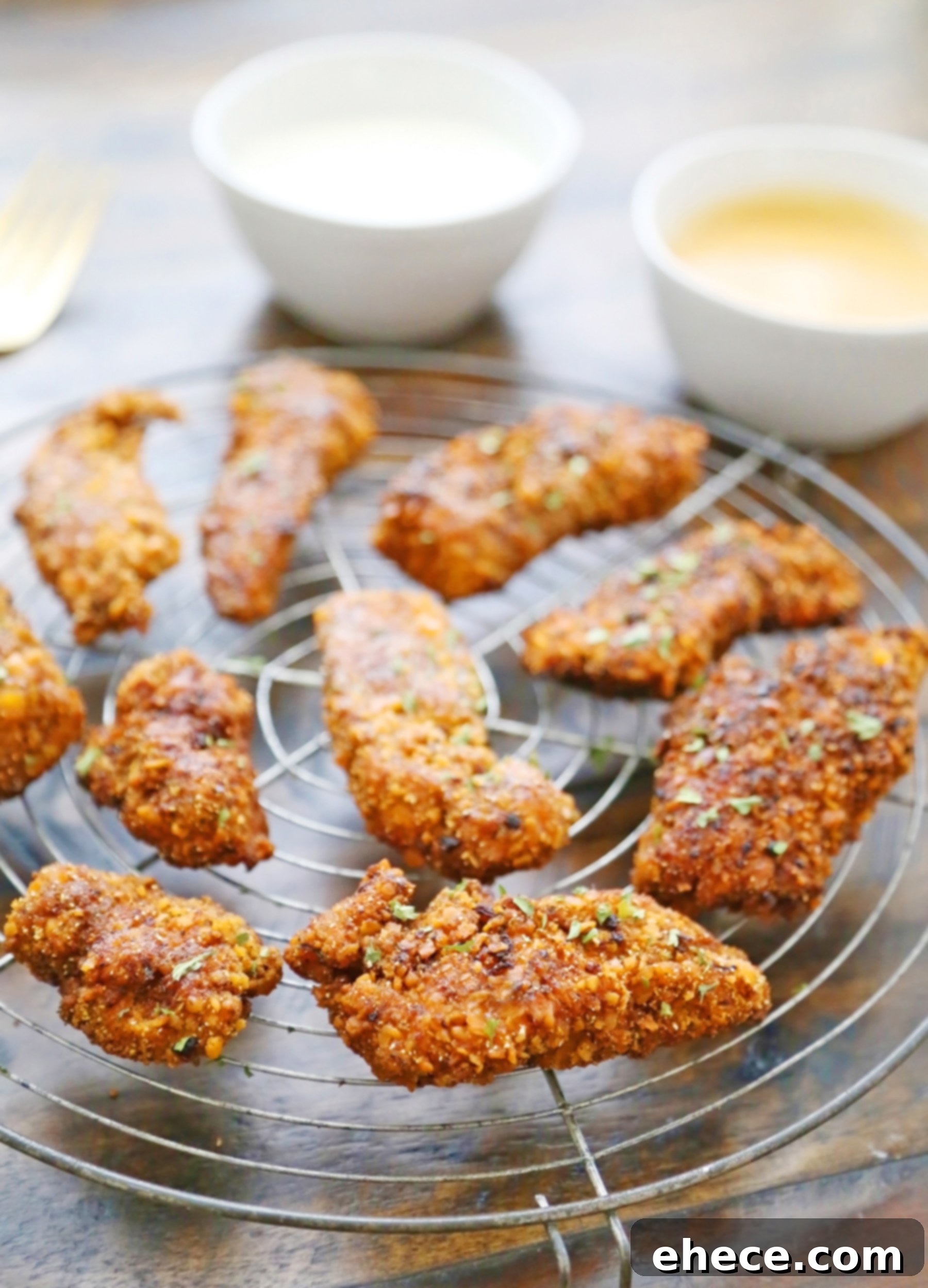 A serving of golden brown Cheddar Ranch Chicken Tenders with dipping sauce