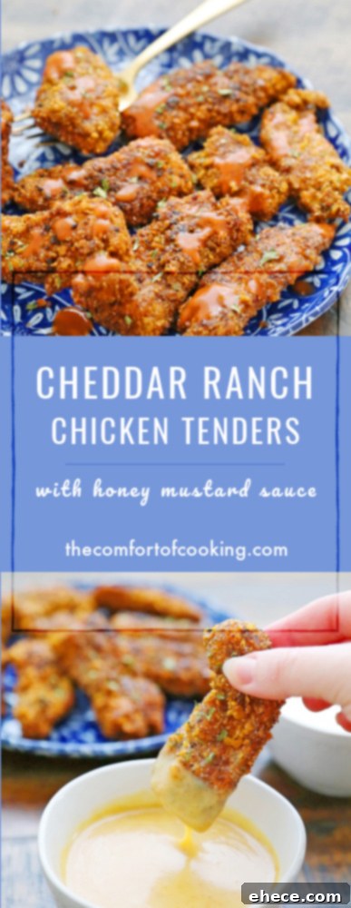 Vertical shot of Cheddar Ranch Chicken Tenders with sauce
