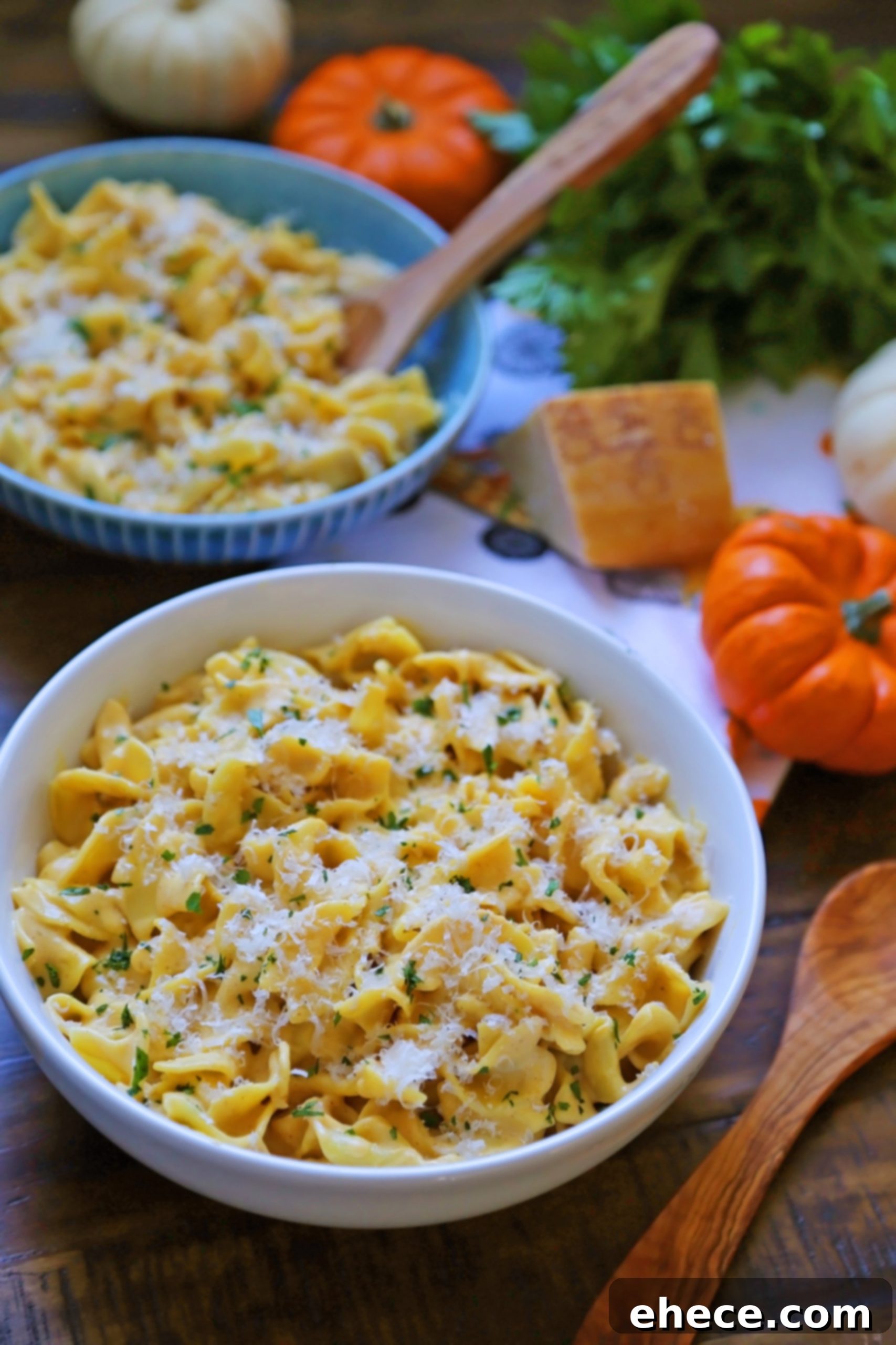 Velvety Pumpkin Alfredo 2 A bowl of creamy pumpkin alfredo pasta garnished with fresh herbs.