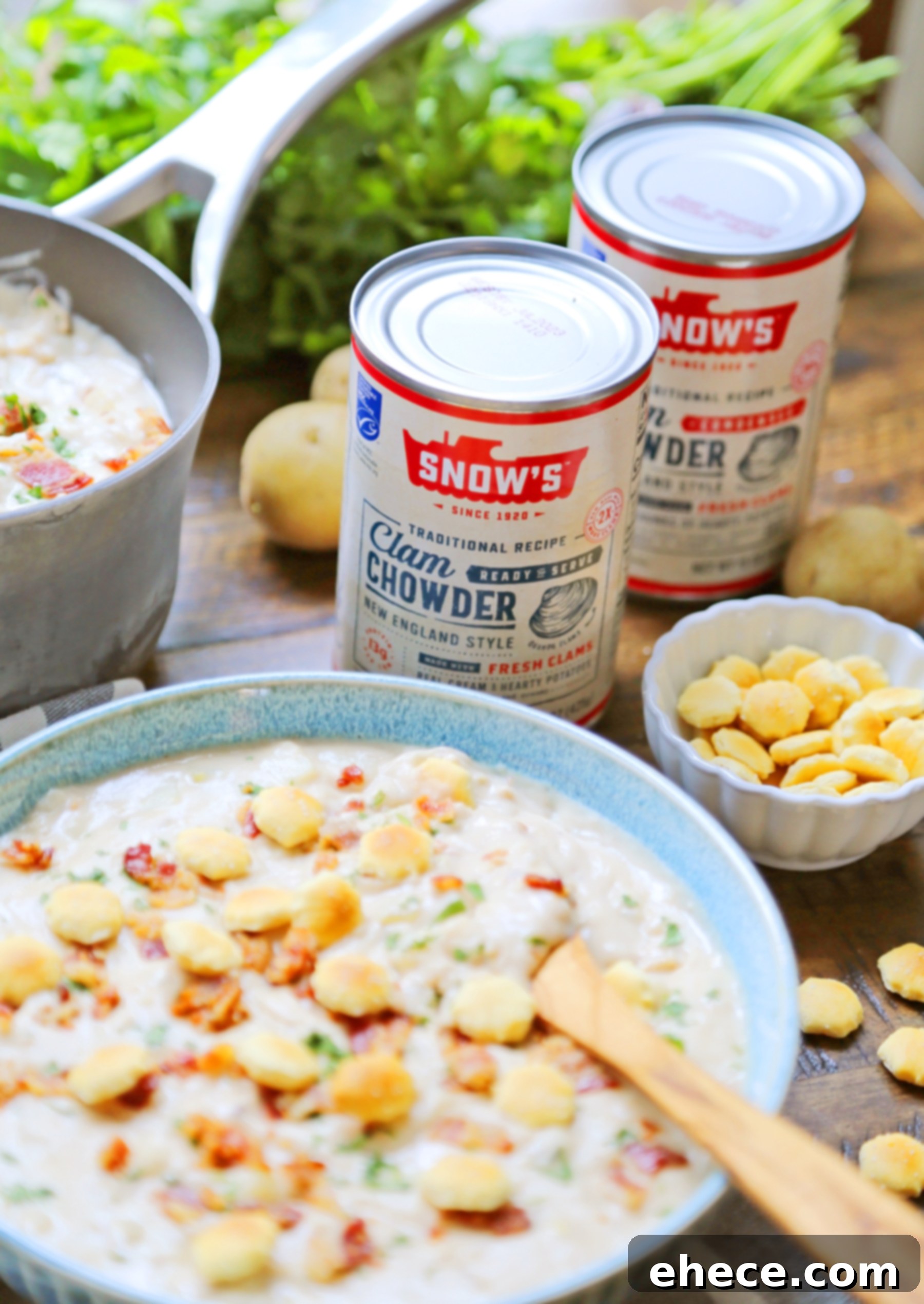 Bowl of clam chowder with a spoon and crackers