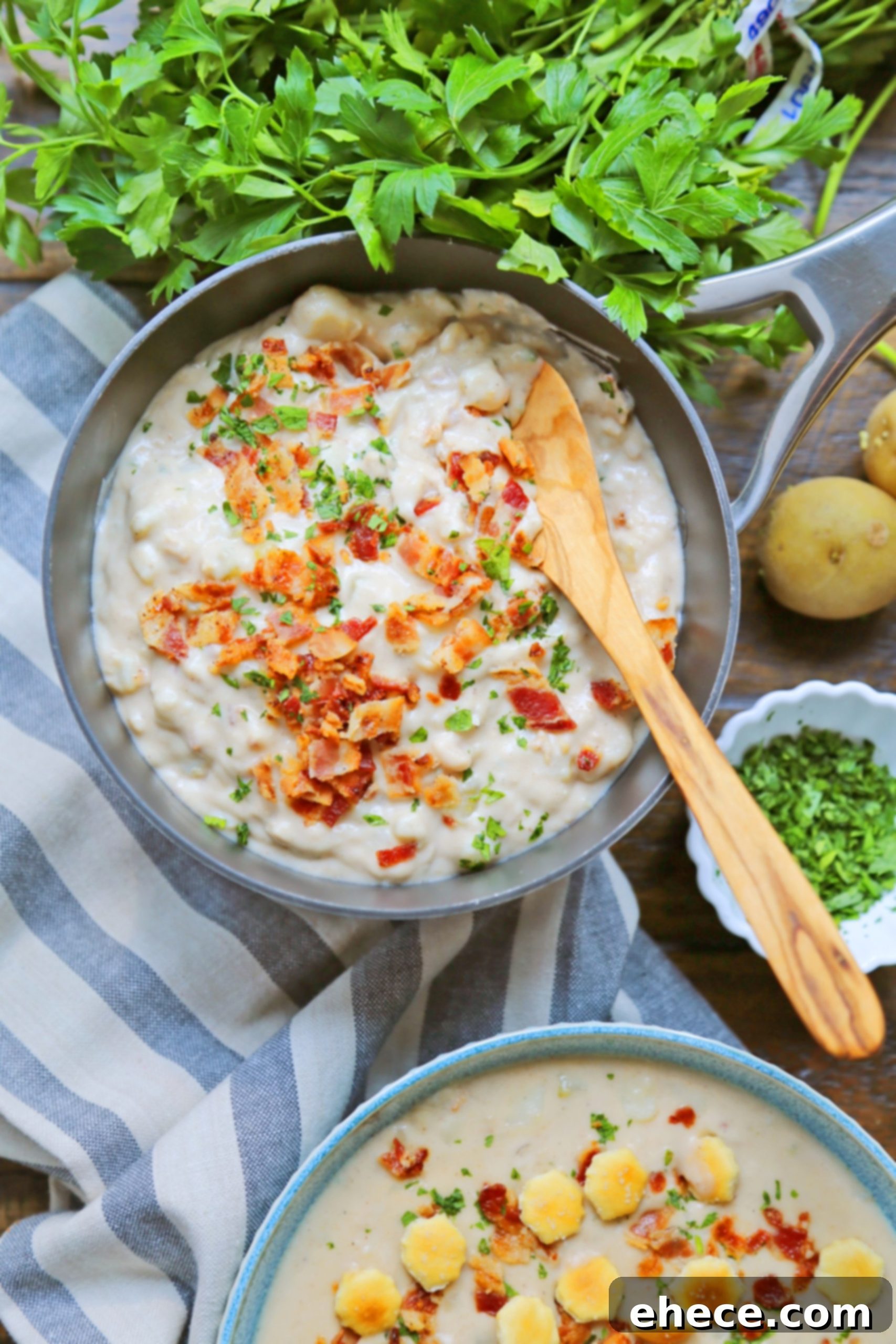 Ingredients for clam chowder laid out on a kitchen counter