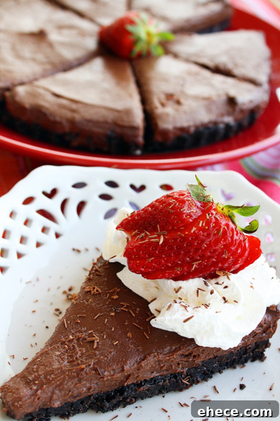 Homemade Chocolate Cream Pie slice with fluffy whipped cream on top, ready to be enjoyed.