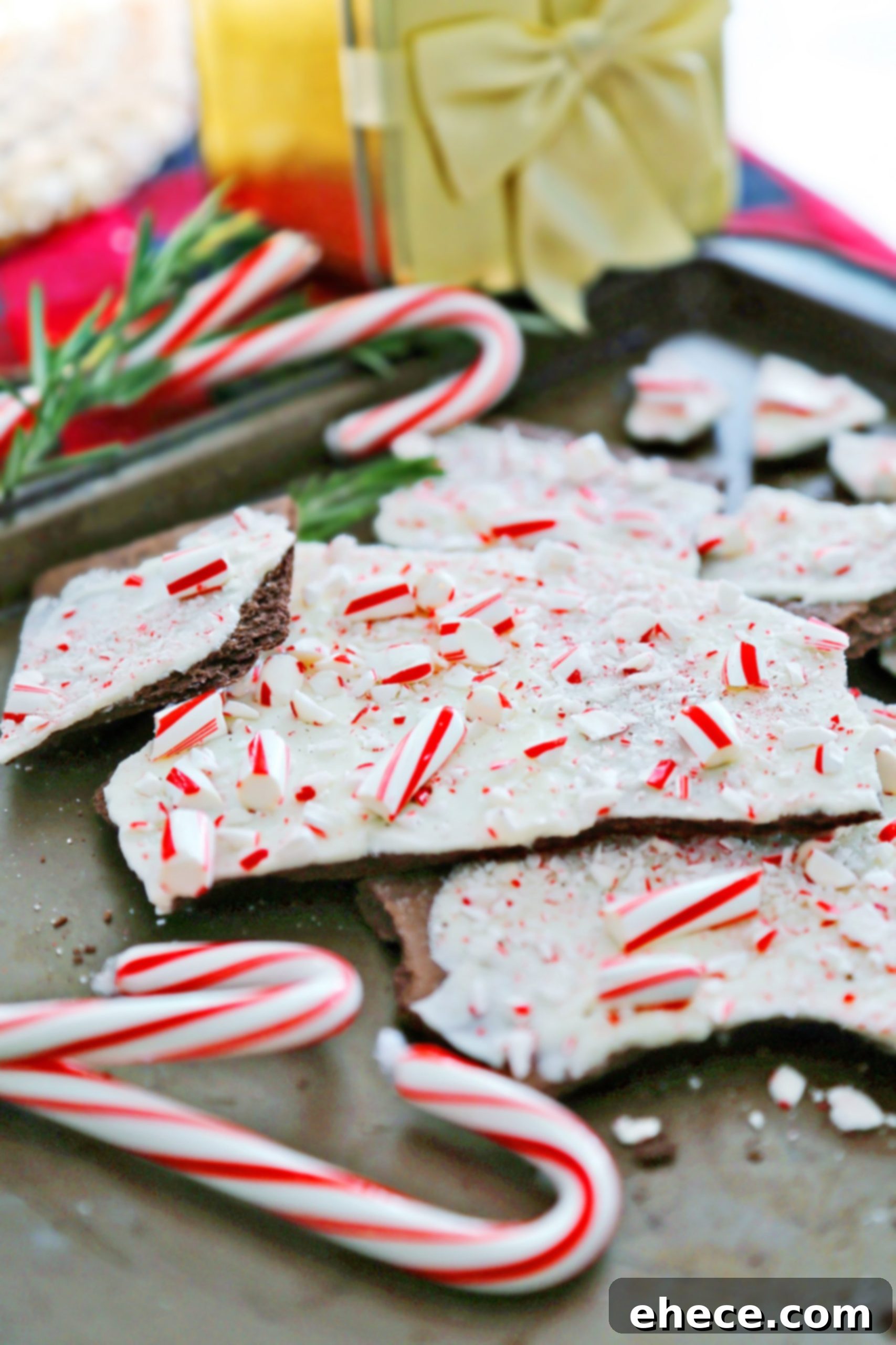 Close-up of Peppermint Graham Cracker Bark with festive sprinkles