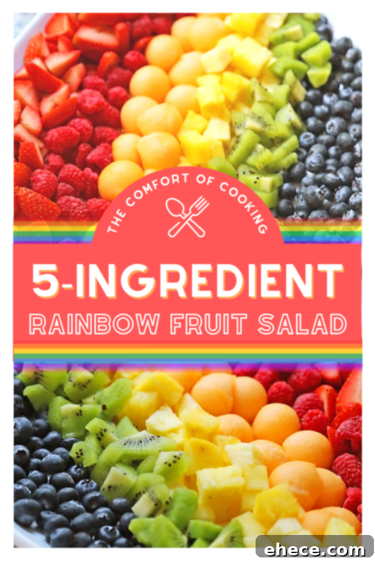 A beautifully composed and ready-to-serve rainbow fruit salad, highlighting its vibrant freshness.