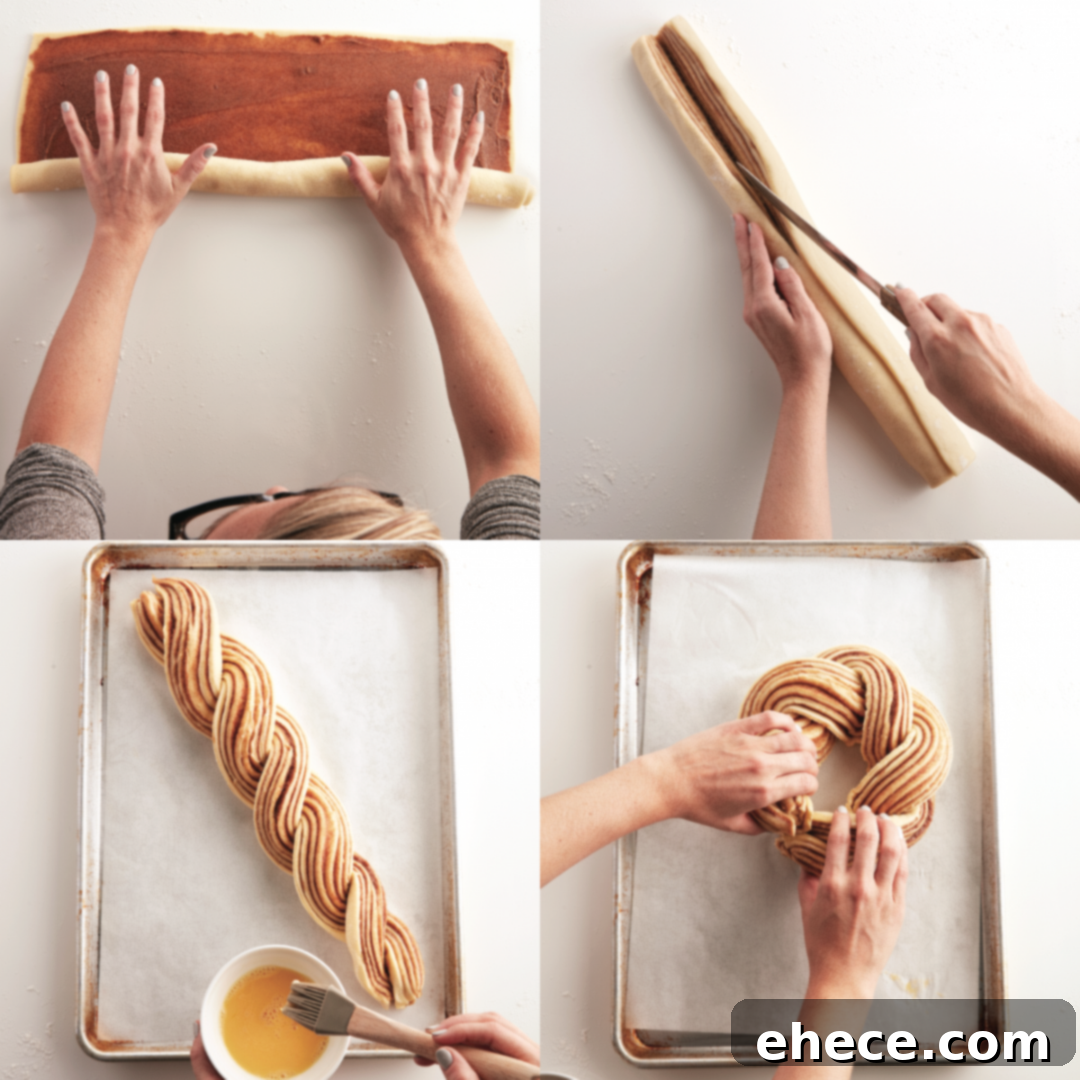 Four-Ingredient Cinnamon Swirl Wreath 4 Another perspective of the baked cinnamon twist wreath, garnished with glaze.