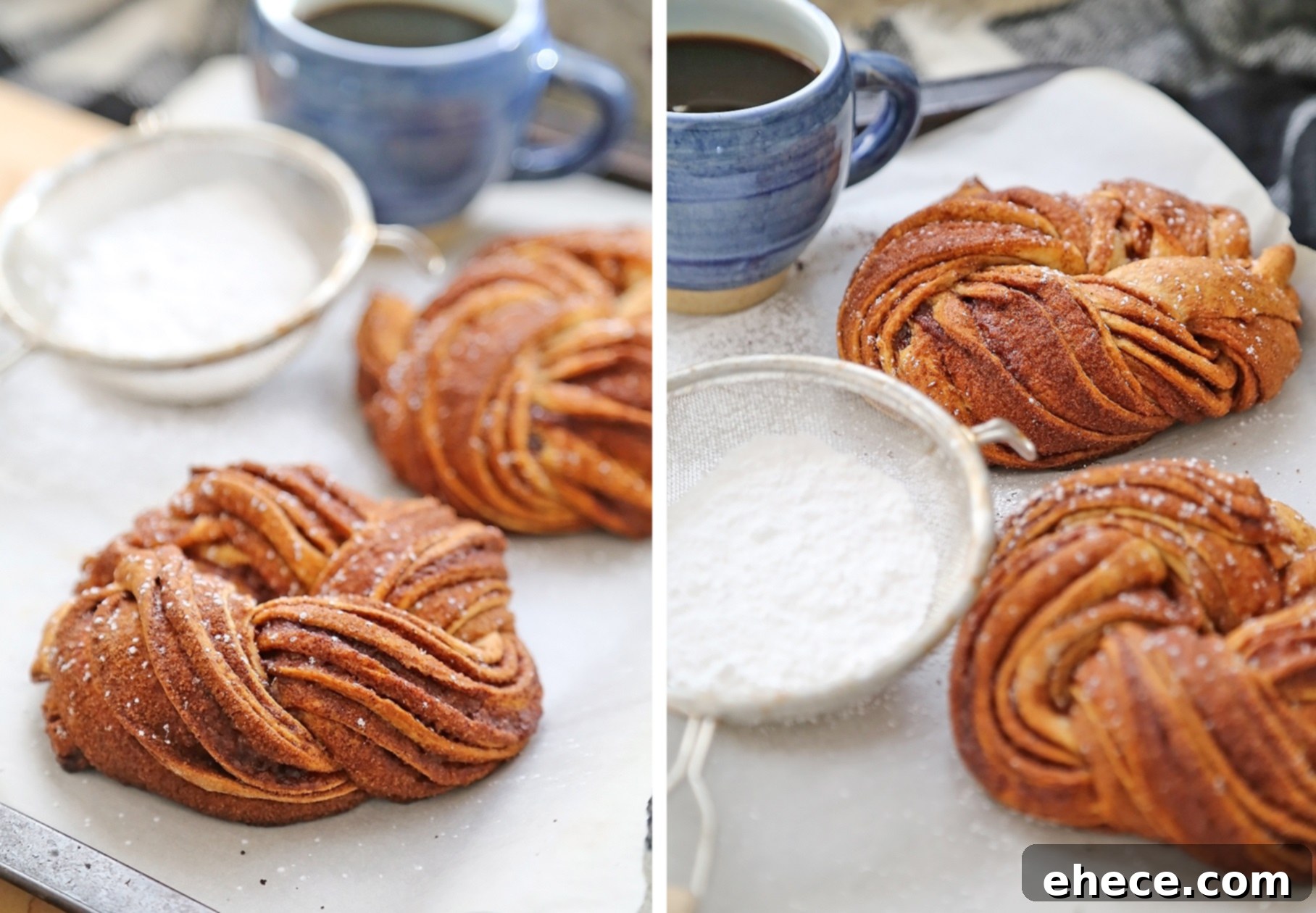 Four-Ingredient Cinnamon Swirl Wreath 5 A wider shot of the cinnamon wreath on a rustic wooden board, ready to be served.